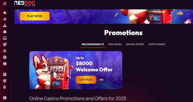 Featured promos on Red Dog, a top option among Indiana casinos online.